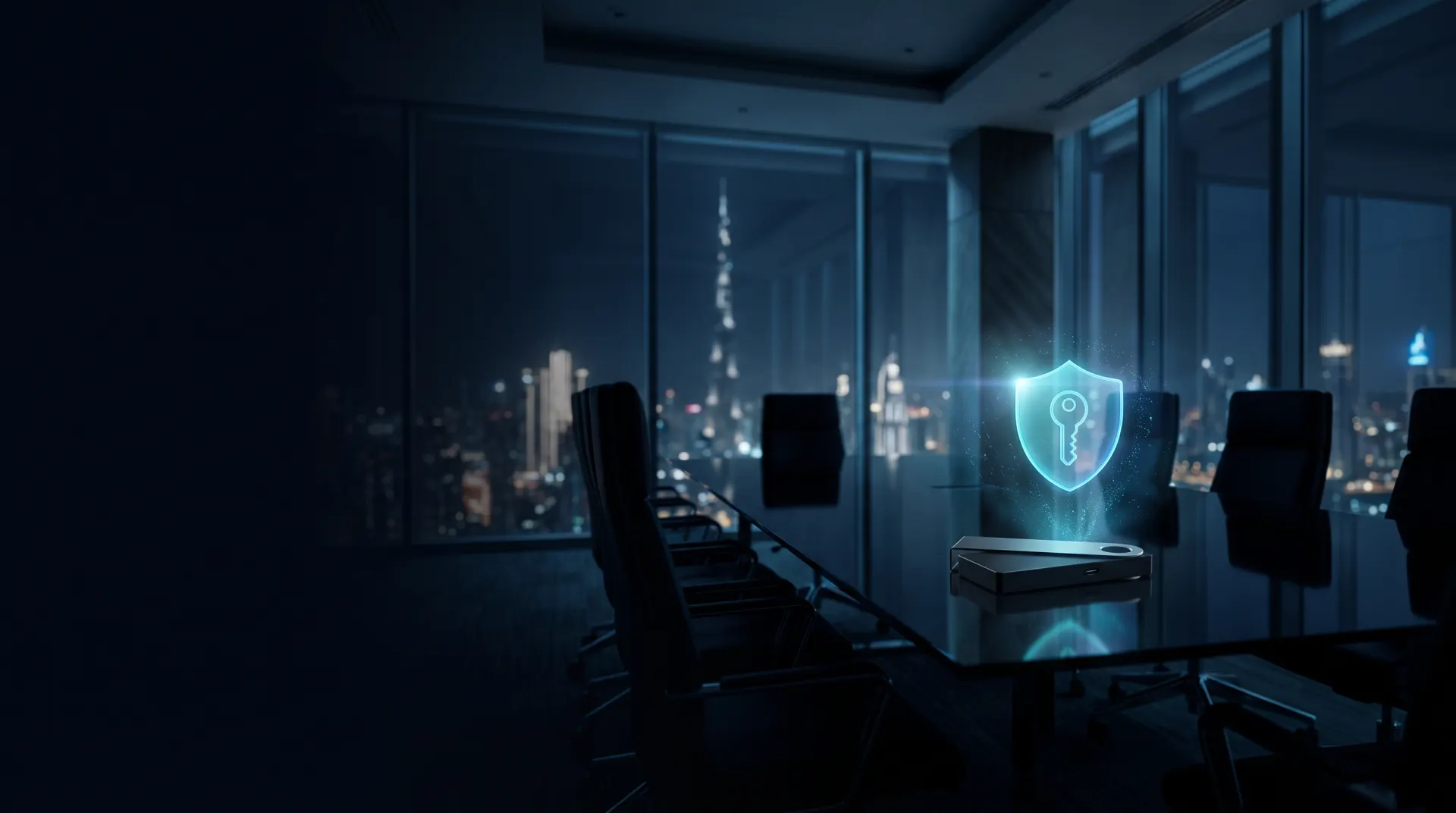 Hardware wallet under a glowing key shield on a boardroom table above Dubai at night