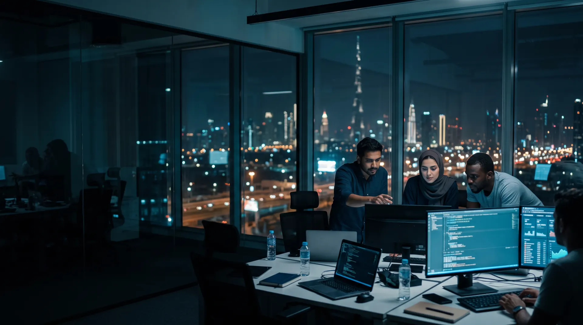 Engineering team reviewing code at night with the Burj Khalifa behind them